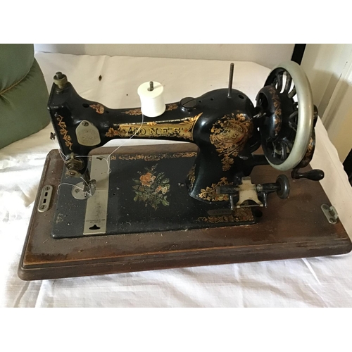 457 - JONES HAND SEWING MACHINE IN CASE A/F AND RETRO POUFFEE