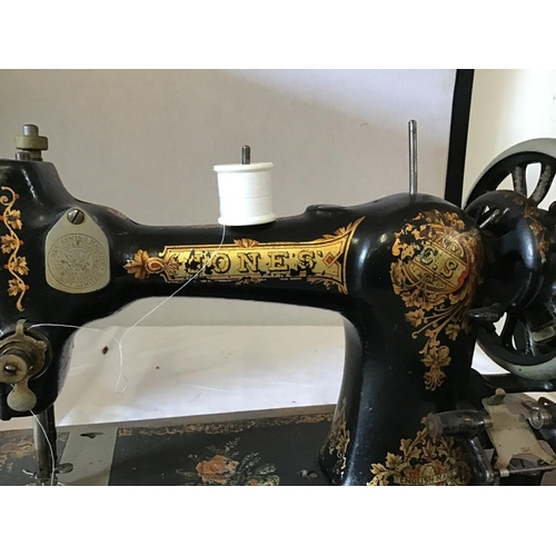 457 - JONES HAND SEWING MACHINE IN CASE A/F AND RETRO POUFFEE