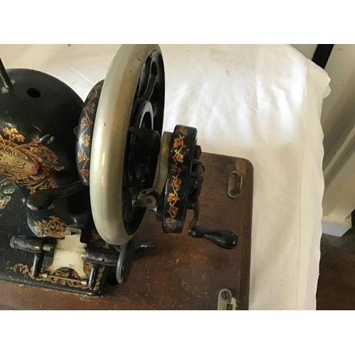 457 - JONES HAND SEWING MACHINE IN CASE A/F AND RETRO POUFFEE