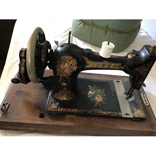 457 - JONES HAND SEWING MACHINE IN CASE A/F AND RETRO POUFFEE