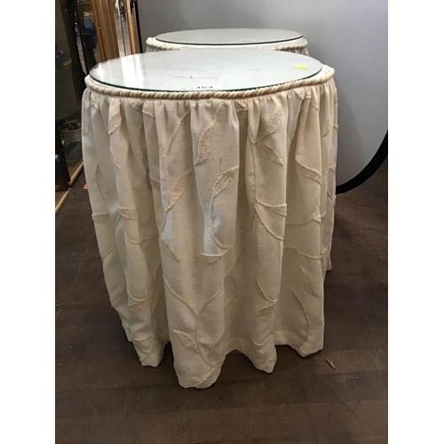 464 - PAIR OF FABRIC COVERED LAMP TABLES WITH GLASS TOPS