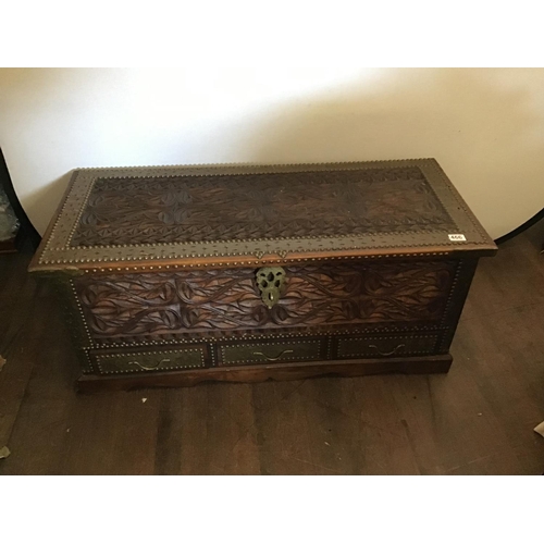 466 - HEAVILY CARVED BRASS BOUND ZANZIBAR BLANKET BOX WITH 3 DRAWERS 
45 X 19
H 19