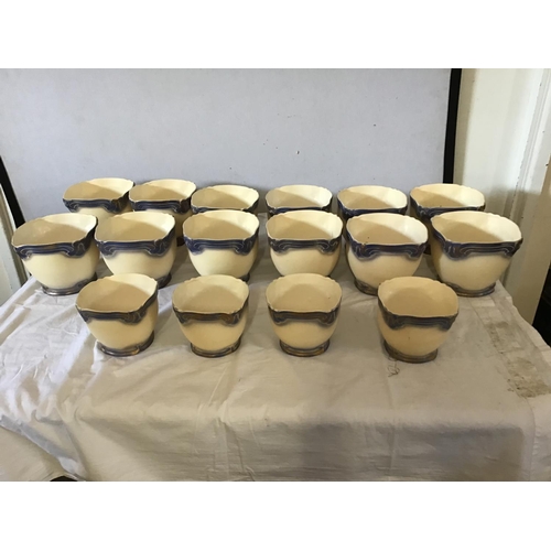 470 - BOX OF POTTERY JARDINERES WITH BLUE AND GOLD DECORATION