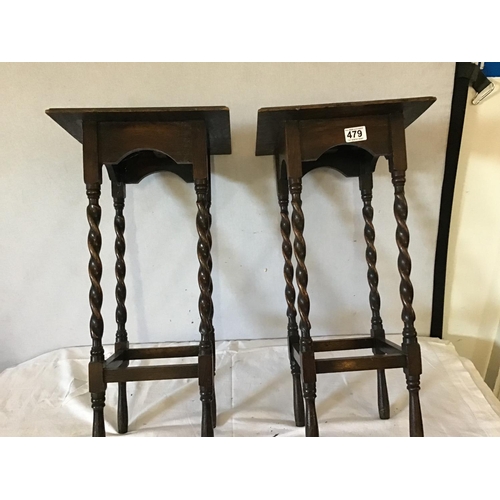 479 - PAIR OF OAK STRETCHERD BARLEY TWIST PLANT STANDS
H 24