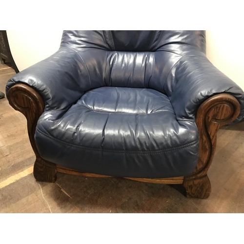 496 - OAK FRAMED BLUE LEATHER ARMCHAIR