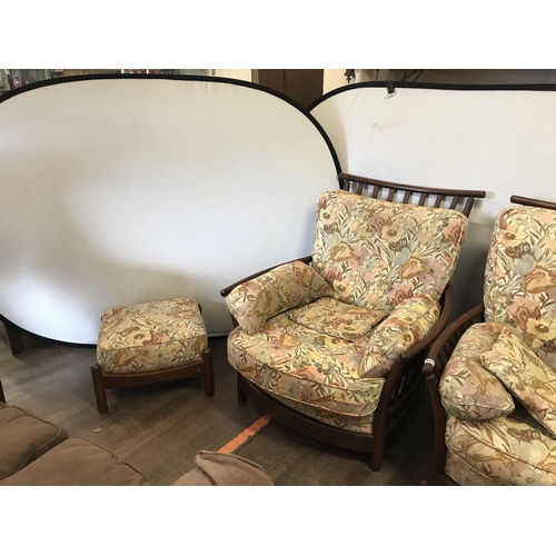 499 - FLORAL UPHOLSTERED ERCOL3 SEATER SETTEE CHAIR AND FOOTSTOOL  WITH GOLD BUTTON STAMP