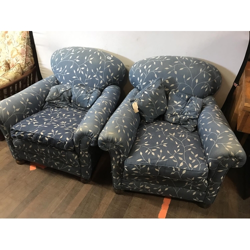 502 - PAIR OF VICT ARMCHAIRS REUPHOLSTERED IN LAURA ASHLEY MATERIAL INC SCATTER CUSHIONS