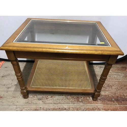 505 - OAK SEWING TABLE MODERN PICTURE AND MODERN GLASS TOPPED COFFEE TABLE