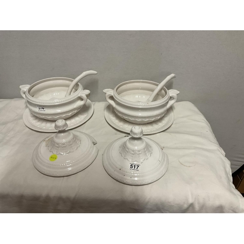 517 - WHITE CHINA SOUP TUREENS COMPLETE WITH LADELS