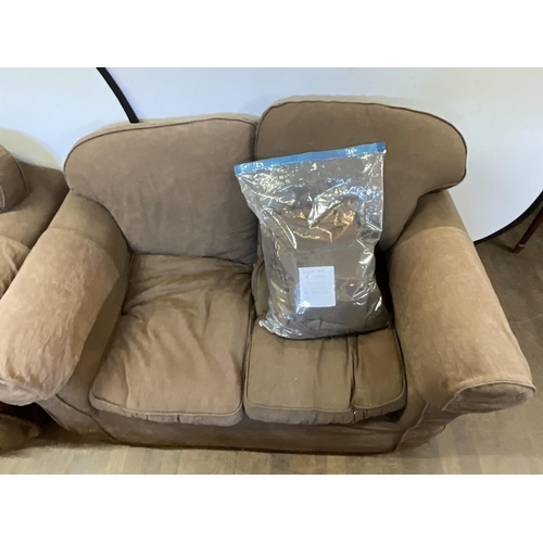 525 - 2 BROWN FABRIC SETTEE'S COMPLETE WITH SPARE COVERS