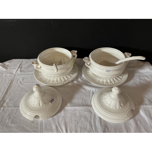 349 - PAIR OF WHITE CHINA SOUP TUREENS COMPLETE WITH LADELS