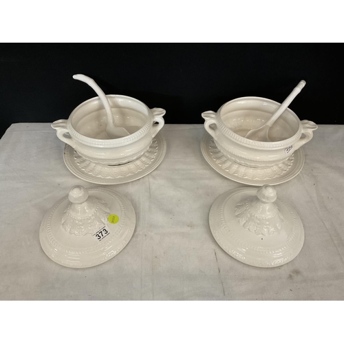 373 - PAIR OF WHITE CHINA SOUP TUREENS COMPLETE WITH LADELS