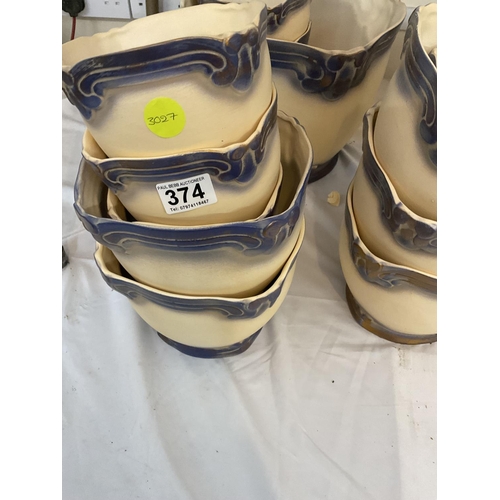 374 - LARGE QTY OF BLUE AND GOLD DECORATIVE JARDINIERES OF VARIOUS SIZES