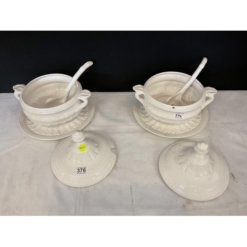 376 - PAIR OF WHITE SOUP TUREENS COMPLETE WITH LADELS