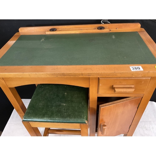 380 - TAYLORS OF LEICESTER VINT CHILDS DESK AND STOOL COMPLETE WITH PATENT BAKERLITE INKWELS
27 X 15
H 26