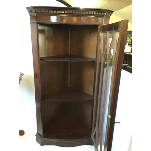 428 - REPRODUCTION GLAZED CORNER CABINET AND REPRODUCTION WINE TABLE