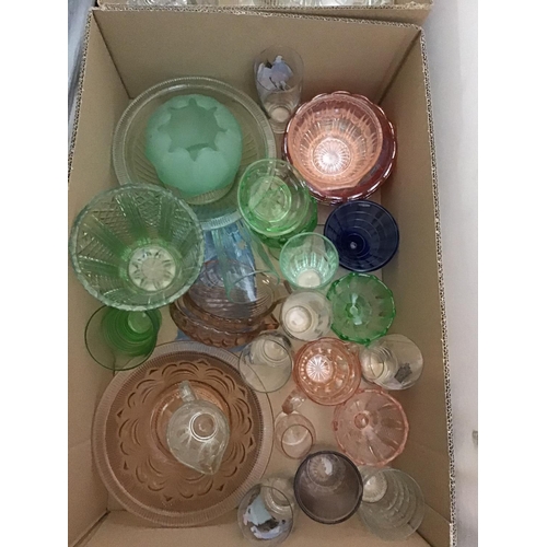 438 - 3 BOXES OF GLASSWARE TO INCLUDE COLOURED GLASS ETC