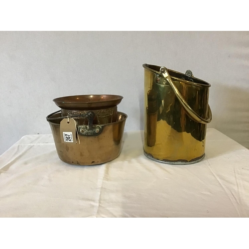 267 - VICTORIAN BRASS JAM PAN BRASS COAL HOD AND A ART DECO COPPER PLANTER