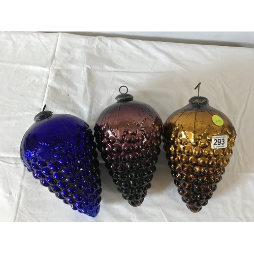 293 - 3 COLOURED GLASS DECORATIVE HANGING DECORATIONS