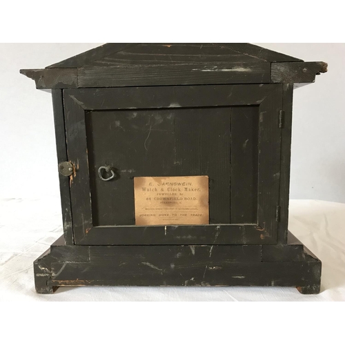 294 - EDWARDIAN OAK MANTLE CLOCK WITH KEY AND PENDULUM