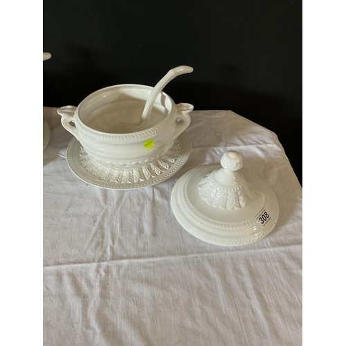 308 - PAIR OF WHITE CHINA SOUP TUREENS COMPLETE WITH LADELS