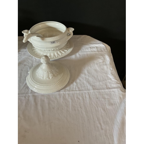 320 - PAIR OF WHITE CHINA SOUP TUREENS COMPLETE WITH SOUP LADELS