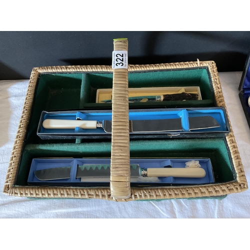 322 - QTY OF BOXED CUTLERY AND CARVING SET TO INCLUDE VINTAGE WICKER CUTLERY TRAY