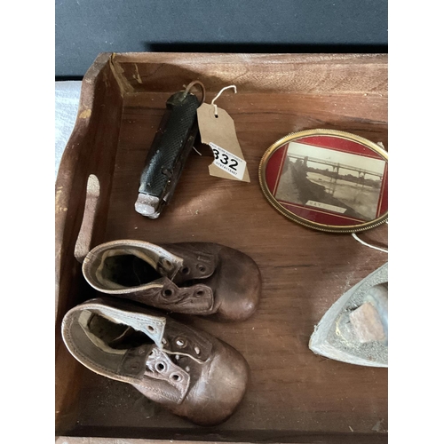 332 - OAK TRAY PAIR OF VICTORIAN CHILDS BOOTS PENKNIFE MONEY BOX ETC