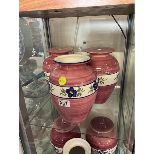 337 - LARGE QTY OF PINK CHINA WITH FLORAL DESIGN TO INCLUDE VASES LAMP BASES FRUIT BOWLS ETC