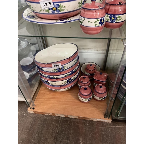 337 - LARGE QTY OF PINK CHINA WITH FLORAL DESIGN TO INCLUDE VASES LAMP BASES FRUIT BOWLS ETC