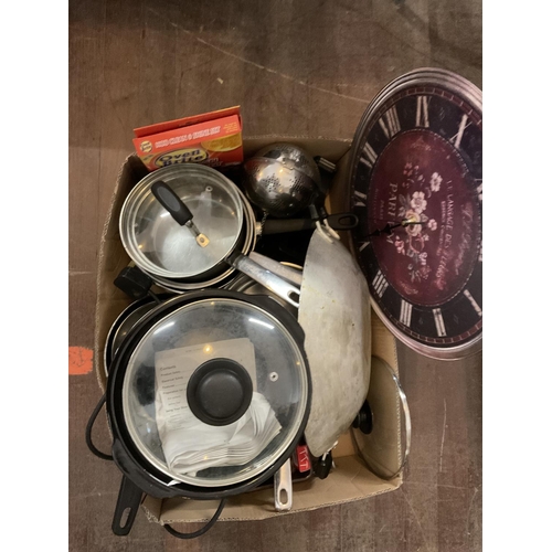 455 - BOX OF KITCHENWARE AND A BREADBIN TO INCLUDE SAUCEPANS WOK ETC