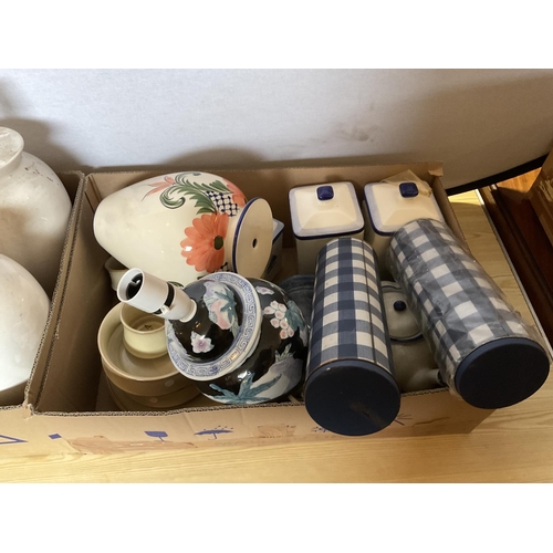 561 - 2 BOXES OF CHINA TO INCLUDE LAMP BASES.  VASES STORAGE CONTAINERS ETC