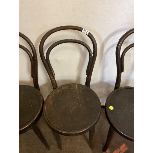 567 - 3 VINTAGE BENTWOOD CHAIRS (WORMED)