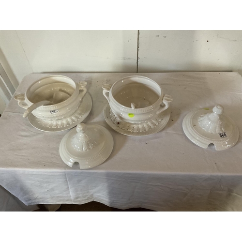 568 - PAIR OF WHITE CHINA SOUP TEREENS COMPLETE WITH LADLES