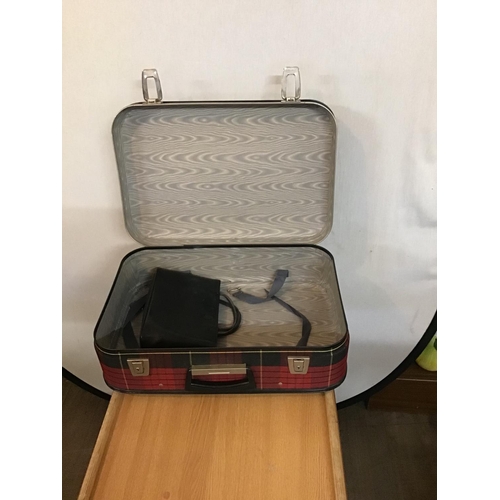 578 - 2 VINTAGE SUITCASES AND A BED TABLE AND A QTY OF JEWELLERY BOXES