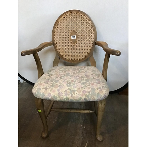 591 - VINTAGE  UPHOLSTERED STRETCHERED ARMCHAIR WITH BEGERE BACK PANEL