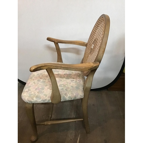 591 - VINTAGE  UPHOLSTERED STRETCHERED ARMCHAIR WITH BEGERE BACK PANEL