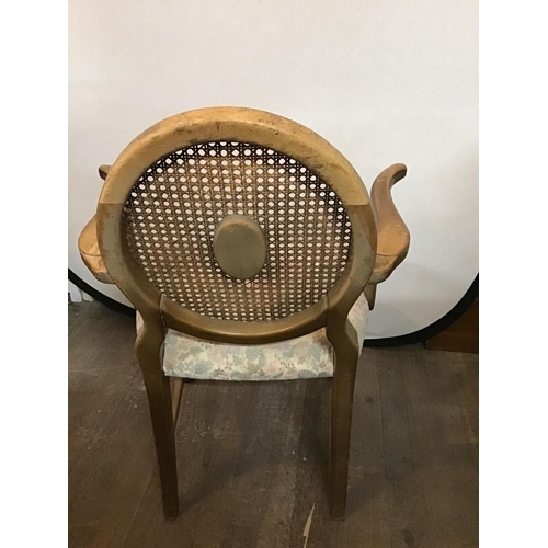 591 - VINTAGE  UPHOLSTERED STRETCHERED ARMCHAIR WITH BEGERE BACK PANEL