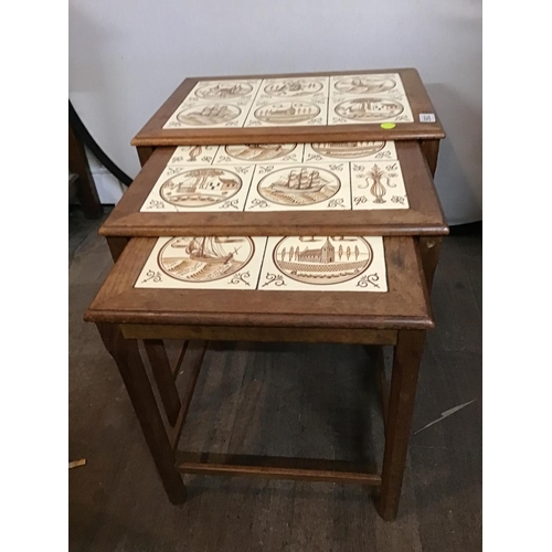 593 - SET OF 3 VINTAGE TEAK TILED TOPPED NEST OF TABLES