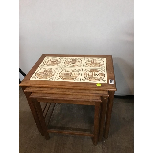 593 - SET OF 3 VINTAGE TEAK TILED TOPPED NEST OF TABLES