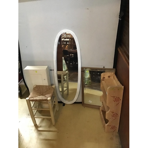 595 - PAINTED CABINET STOOL SHELVES AND A WALL MIRROR