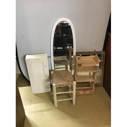 595 - PAINTED CABINET STOOL SHELVES AND A WALL MIRROR