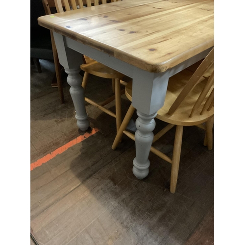 605 - PINE FARMHOUSE KITCHEN TABLE WITH GREY PAINTED BASE AND PINE TOP  AND 4 BEECH CHAIRS
48 X 30