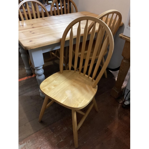 605 - PINE FARMHOUSE KITCHEN TABLE WITH GREY PAINTED BASE AND PINE TOP  AND 4 BEECH CHAIRS
48 X 30