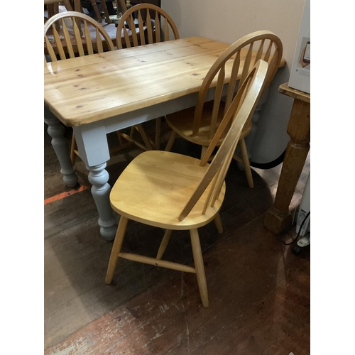 605 - PINE FARMHOUSE KITCHEN TABLE WITH GREY PAINTED BASE AND PINE TOP  AND 4 BEECH CHAIRS
48 X 30