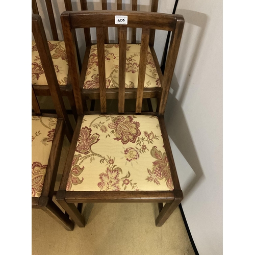 608 - 4 VINTAGE OAK DINING CHAIRS WITH UPHOLSTERED SEATS