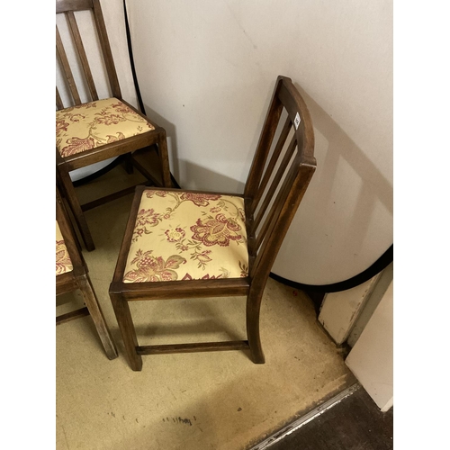 608 - 4 VINTAGE OAK DINING CHAIRS WITH UPHOLSTERED SEATS