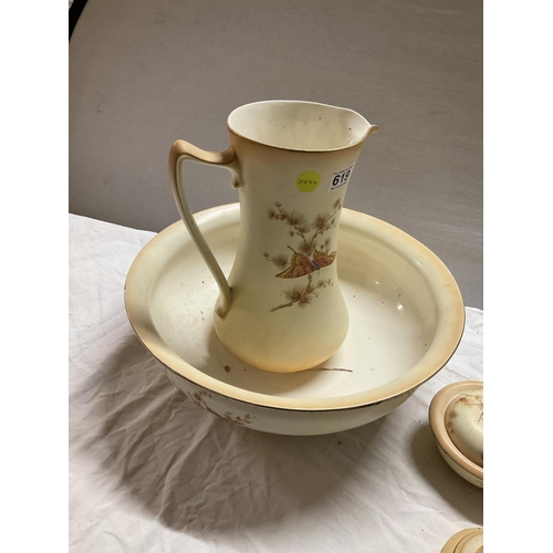 619 - CROWN DUCAL  JUG AND BOWL AND DRESSING TABLE SET WITH BIRD AND FOILAGE DECORATION