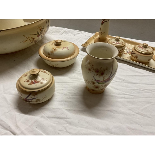 619 - CROWN DUCAL  JUG AND BOWL AND DRESSING TABLE SET WITH BIRD AND FOILAGE DECORATION