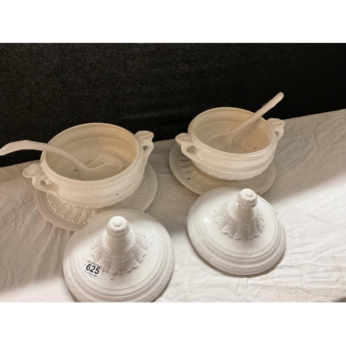 625 - 2 WHITE SOUP TUREENS WITH LADLES